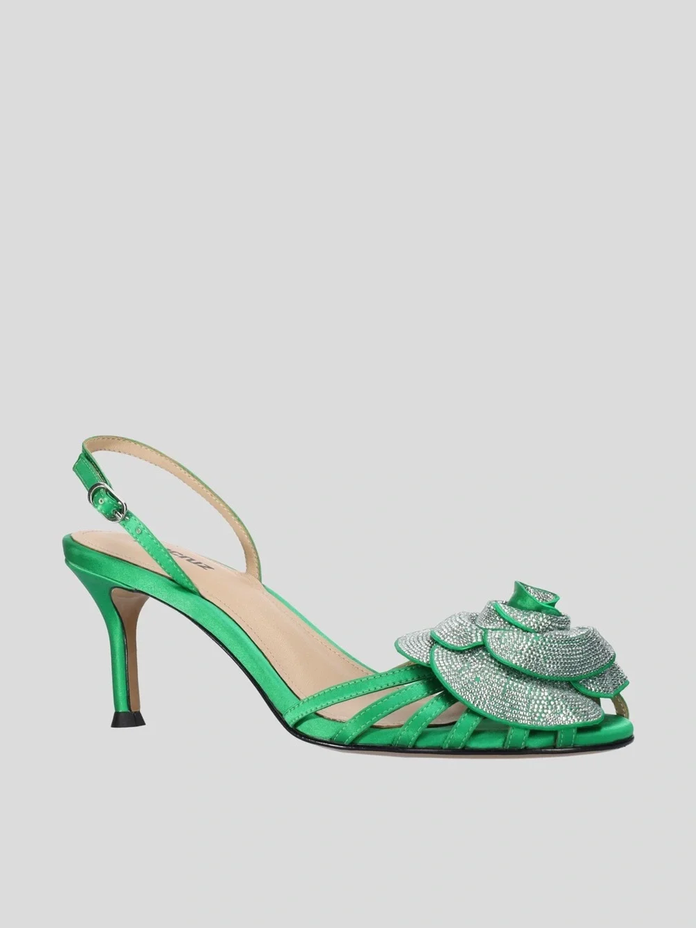 LOLA CRUZ Green Satin Slingback Heels with Crystal Rose Detail